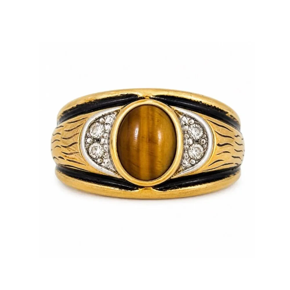 Vintage 1960s Ring Uncas Size 11 Tiger's Eye 14K Gold Plate Mid-Century -14N